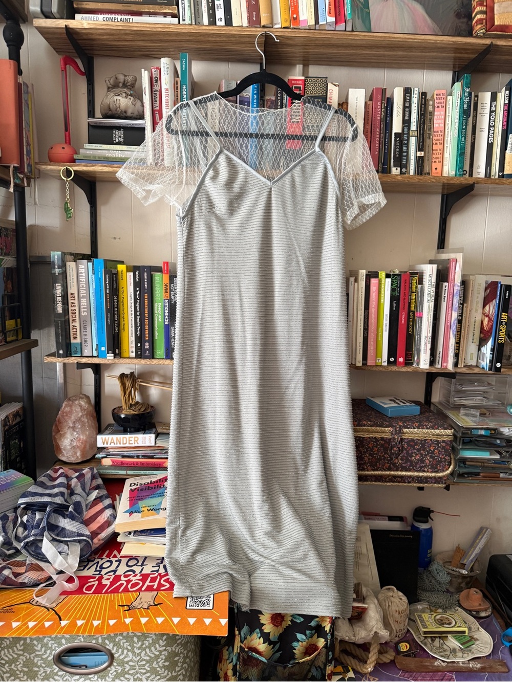 Pixie Market Shift Maxi Dress in Light Gray With Silver Stripes